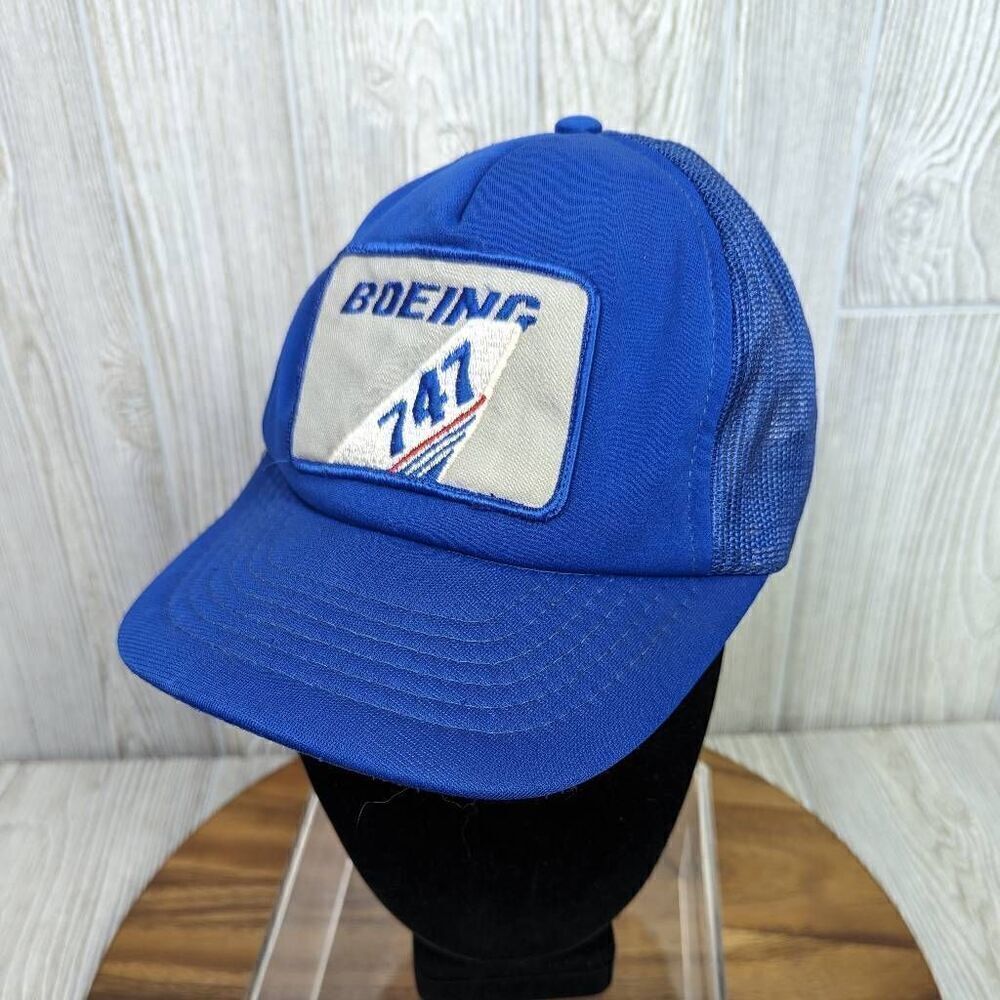 Vintage Adjustable Boeing 747 Mesh Trucker Hat Cap Patch Blue